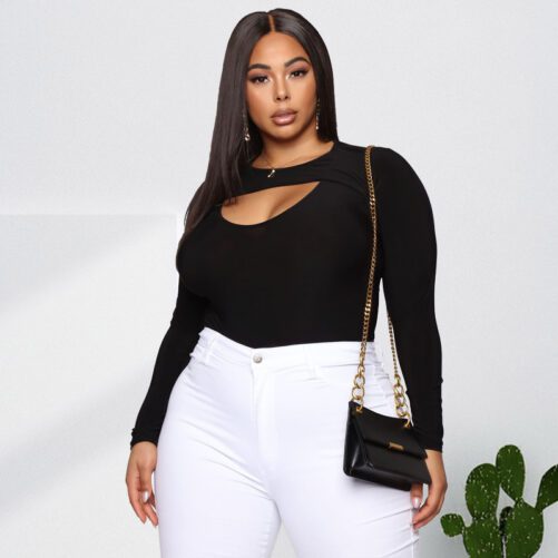 Plus Size Black Tight Sexy Hollow Out Cutout Jumpsuit in Plus Size Bodysuits