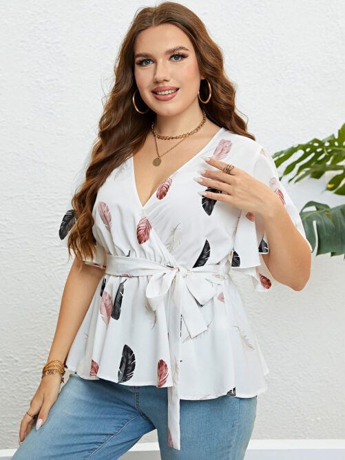 Plus Size White with Printed Pattern Cardigan Lace up Waist Controlled Blouse in Plus Size Shirts Blouses