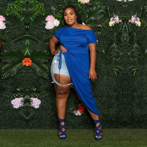 Plus Size Casual off-Shoulder Hollow Out Cutout out Strap Short Sleeve Dress Top in Plus Size Tops Tees