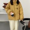Button Stand Collar Solid Color Thick Coat in Puffer Coats