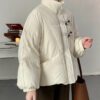 Button Stand Collar Solid Color Thick Coat in Puffer Coats