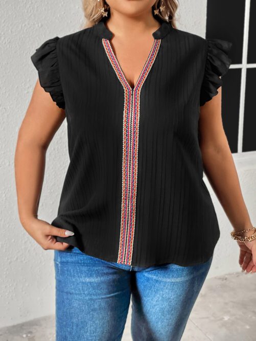 Plus Size Loose V neck Stitching Ruffle Sleeve Simple Solid Color Blouse in Plus Size Shirts Blouses