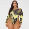 Round Neck Print Long Sleeves Tight Breasted Jumpsuit in Plus Size Bodysuits