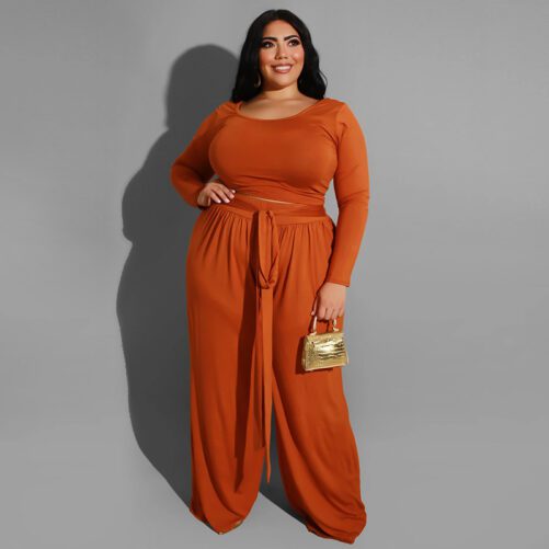 Plus Size Knitted Casual Two-Piece Suit in Plus Size Pant Sets