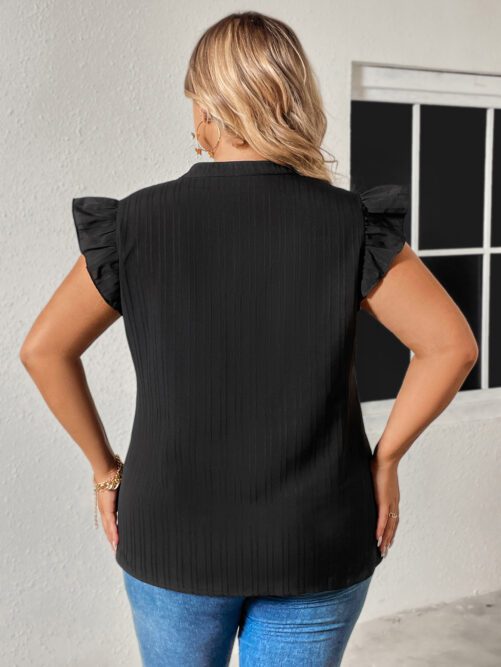 Plus Size Loose V neck Stitching Ruffle Sleeve Simple Solid Color Blouse in Plus Size Shirts Blouses