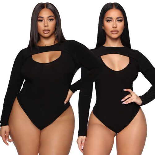 Plus Size Black Tight Sexy Hollow Out Cutout Jumpsuit in Plus Size Bodysuits