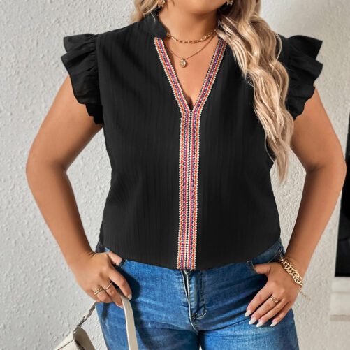 Plus Size Loose V neck Stitching Ruffle Sleeve Simple Solid Color Blouse in Plus Size Shirts Blouses