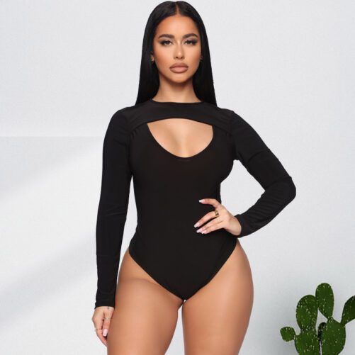 Plus Size Black Tight Sexy Hollow Out Cutout Jumpsuit in Plus Size Bodysuits