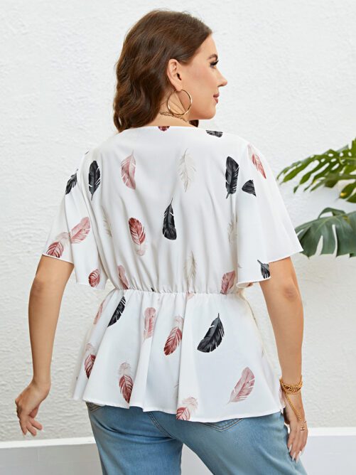 Plus Size White with Printed Pattern Cardigan Lace up Waist Controlled Blouse in Plus Size Shirts Blouses