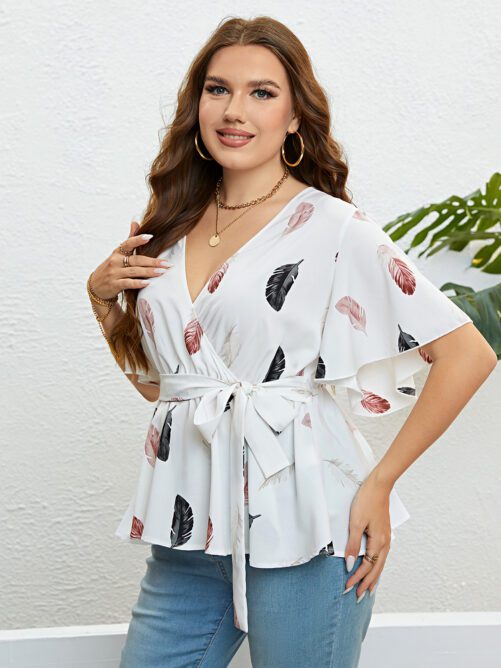 Plus Size White with Printed Pattern Cardigan Lace up Waist Controlled Blouse in Plus Size Shirts Blouses