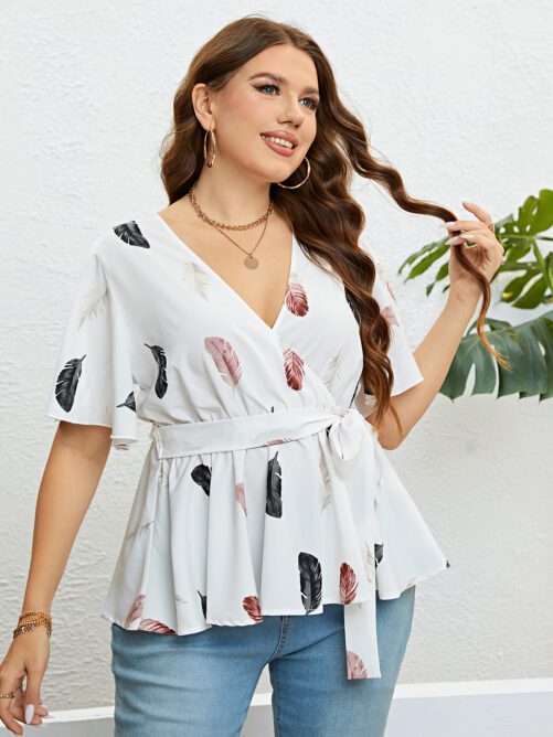 Plus Size White with Printed Pattern Cardigan Lace up Waist Controlled Blouse in Plus Size Shirts Blouses