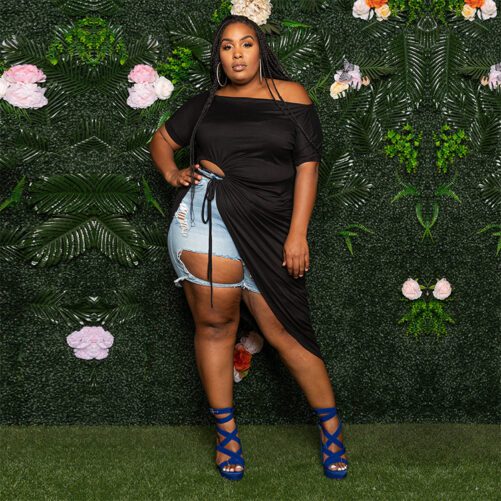 Plus Size Casual off-Shoulder Hollow Out Cutout out Strap Short Sleeve Dress Top in Plus Size Tops Tees