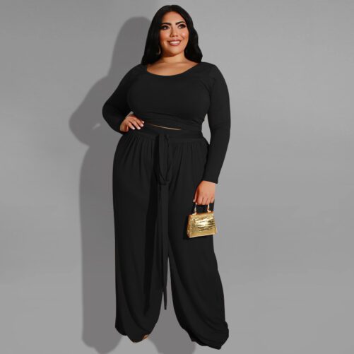 Plus Size Knitted Casual Two-Piece Suit in Plus Size Pant Sets