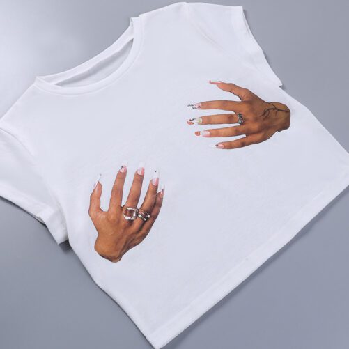 Basic round Neck Palm Printed Short Sleeve Top in Tops & Tees