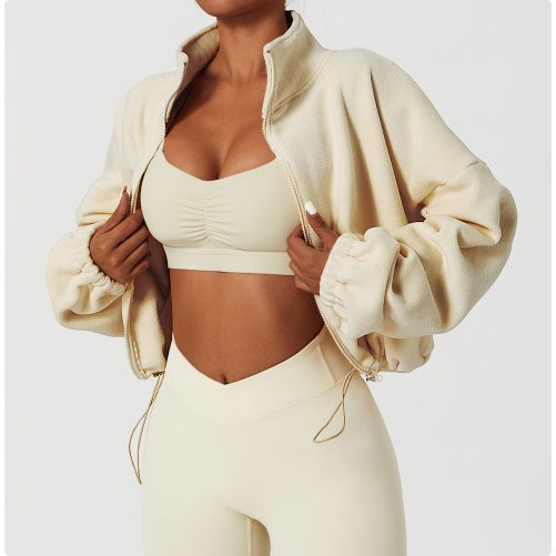 Stand Collar Loose Fleece Warm Jacket in Sports Tops