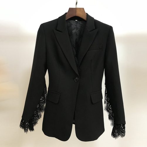 Split Sleeve Lace Trim Decoration One Button Slim Fit Small Business Blazer in Blazers Suits