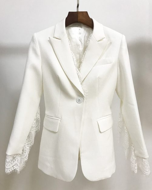 Split Sleeve Lace Trim Decoration One Button Slim Fit Small Business Blazer in Blazers Suits