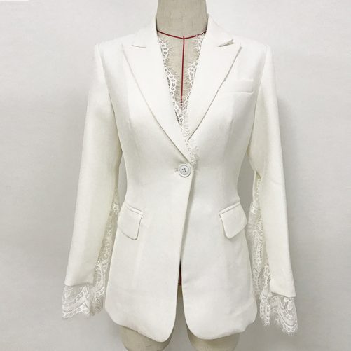Split Sleeve Lace Trim Decoration One Button Slim Fit Small Business Blazer in Blazers Suits