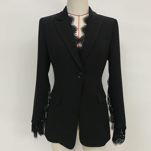 Split Sleeve Lace Trim Decoration One Button Slim Fit Small Business Blazer in Blazers Suits