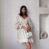 Cotton Linen French Office V neck Lantern Sleeve Loose Dress in Dresses