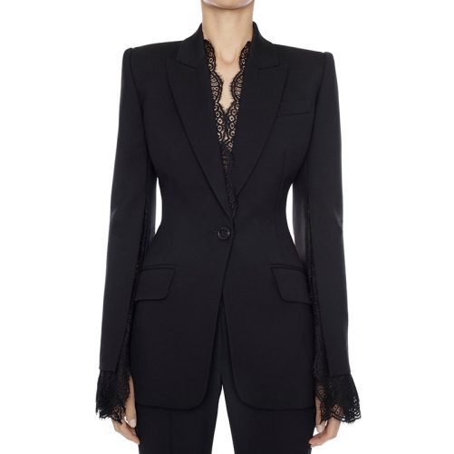 Split Sleeve Lace Trim Decoration One Button Slim Fit Small Business Blazer in Blazers Suits