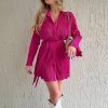 Summer Floral Print Lace-up Turn-down Collar Single Breasted Cardigan Long Sleeve Dress in Dresses