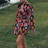 Summer Floral Print Lace-up Turn-down Collar Single Breasted Cardigan Long Sleeve Dress in Dresses