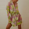Summer Floral Print Lace-up Turn-down Collar Single Breasted Cardigan Long Sleeve Dress in Dresses