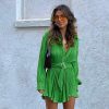 Pleated Long Sleeved Shirt Belt Dress in Dresses