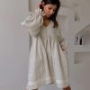 Cotton Linen French Office V neck Lantern Sleeve Loose Dress in Dresses