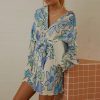 Summer Floral Print Lace-up Turn-down Collar Single Breasted Cardigan Long Sleeve Dress in Dresses