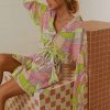 Summer Floral Print Lace-up Turn-down Collar Single Breasted Cardigan Long Sleeve Dress in Dresses