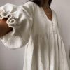 Cotton Linen French Office V neck Lantern Sleeve Loose Dress in Dresses