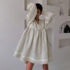 Cotton Linen French Office V neck Lantern Sleeve Loose Dress in Dresses