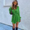 Pleated Long Sleeved Shirt Belt Dress in Dresses
