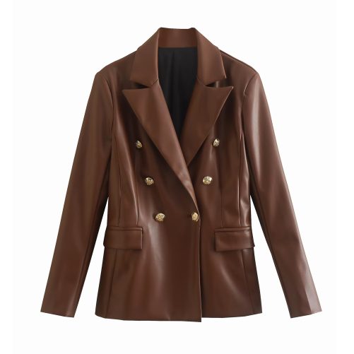 Autumn Winter Faux Leather Double Breasted Blazer in Blazers Suits
