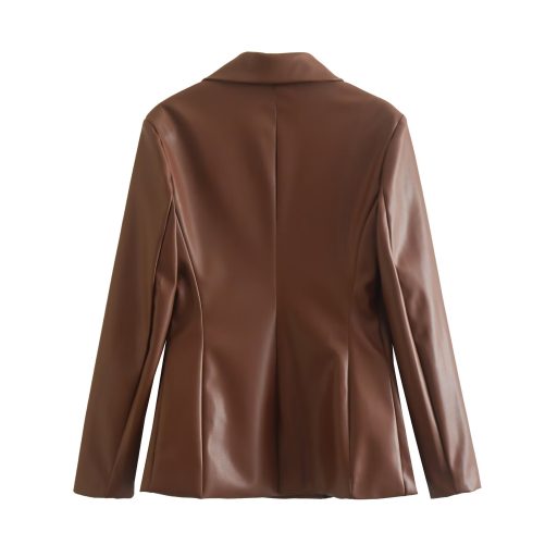 Autumn Winter Faux Leather Double Breasted Blazer in Blazers Suits