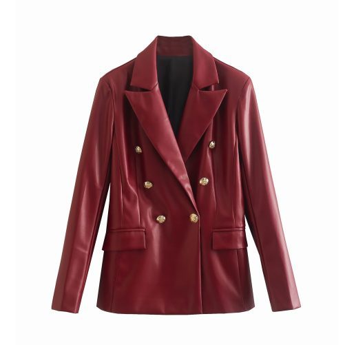 Autumn Winter Faux Leather Double Breasted Blazer in Blazers Suits