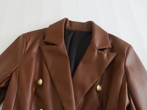 Autumn Winter Faux Leather Double Breasted Blazer in Blazers Suits