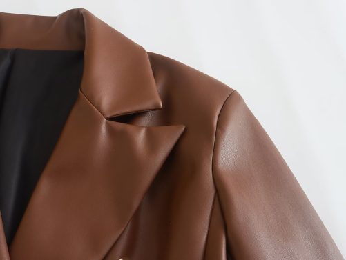 Autumn Winter Faux Leather Double Breasted Blazer in Blazers Suits