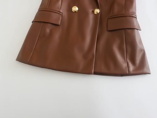 Autumn Winter Faux Leather Double Breasted Blazer in Blazers Suits
