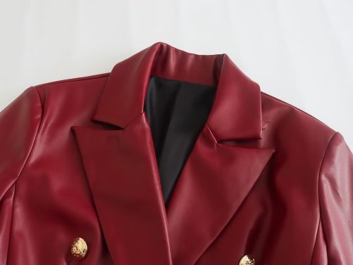 Autumn Winter Faux Leather Double Breasted Blazer in Blazers Suits