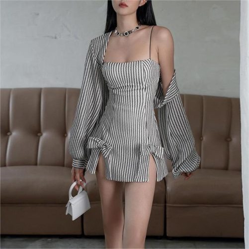 Suspender off Shoulder Slim Fit Sheath Striped Two Piece Dress in Dresses