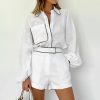Casual Cotton Linen Long Sleeve Contrast Color Shirt Shorts Two Piece Set in Short Sets