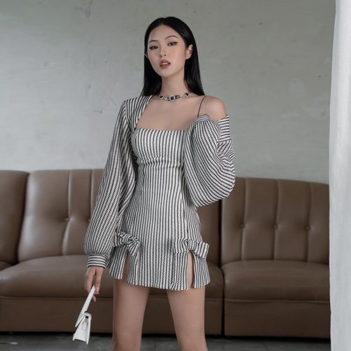 Suspender off Shoulder Slim Fit Sheath Striped Two Piece Dress in Dresses