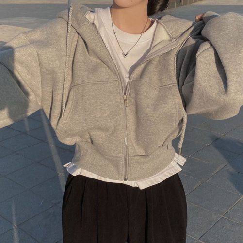 Autumn Elegant Solid Color Hooded Cardigan in Hoodies