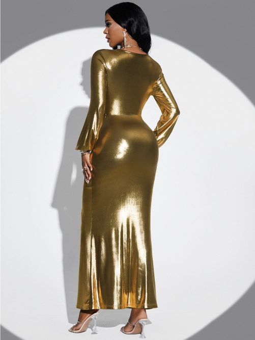 Metallic Coated Fabric Solid Color Twist Long Sleeve Split Dress in Dresses