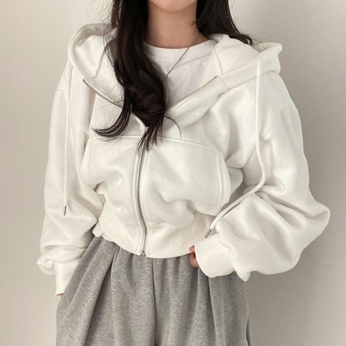 Autumn Elegant Solid Color Hooded Cardigan in Hoodies