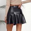 High Waist Ruffles Irregular Asymmetric Leather Skirt in Skirts