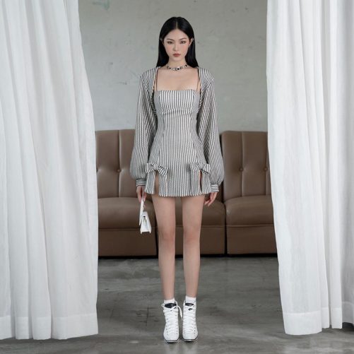 Suspender off Shoulder Slim Fit Sheath Striped Two Piece Dress in Dresses